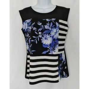 Calvin Klein Womens XS Tank Top Blouse Casual Floral Black White Stripes Stretch